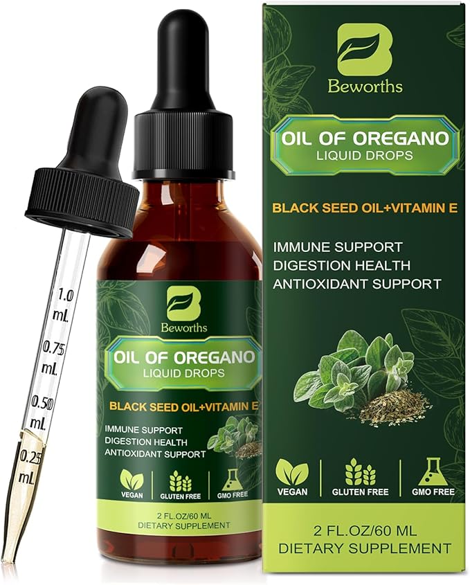 B BEWOTHS 2PACK Oregano Oil Drops Oil of Oregano with Black Seed Oil Vitamin E Carvacrol Oregano Liquid Herbal Blend for Immune Antioxidant Digestive Gut Cleanser Kidney Health Support - 4 Fl Oz