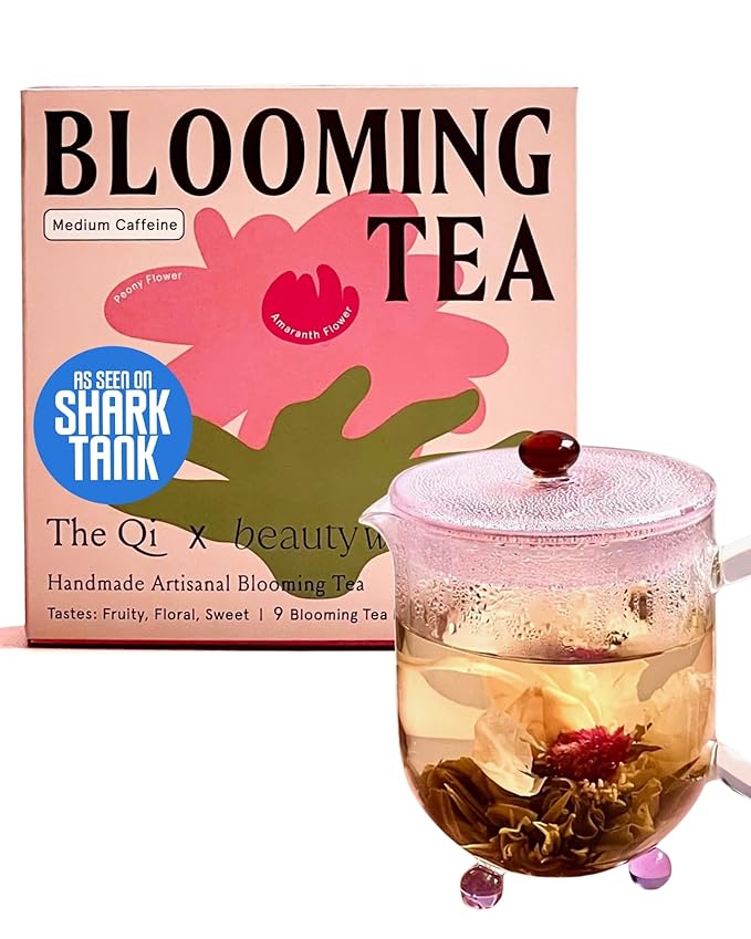 The-Qi x Beautywithin Peony Blooming Flower w/Green Tea – 9 Pcs Handpicked All Natural Blooming Flower Tea – Peony &amp Globe Amaranth Blend Qi Gift Set for Relaxation &amp Wellness – Makes 27 Cups