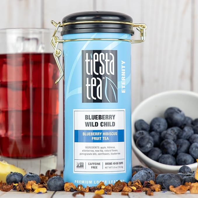 Tiesta Tea - Blueberry Wild Child Loose Leaf Blueberry Hibiscus Herbal Tea Premium Non-Caffeinated Blend Hot or Iced &amp Brews Up to 250 Cups 16oz Bulk Pouch &amp 5.5oz Refillable Tin Combo