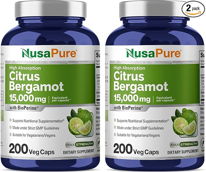 NusaPure Citrus Bergamot Capsules 15000mg 200 Capsules - 25:1 Bergamot Extract - 200 Servings Bioperine Vegan Non-GMO (Pack of 2)