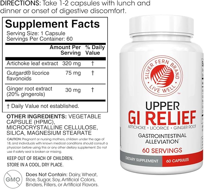 Silver Fern GI Relief - Natural Herbal Supplement - All Natural with Artichoke Leaf Extract Ginger Root Extract and GutGuard Licorice Flavonoids (2 Bottles - 120 Capsules - 60 Day Supply)
