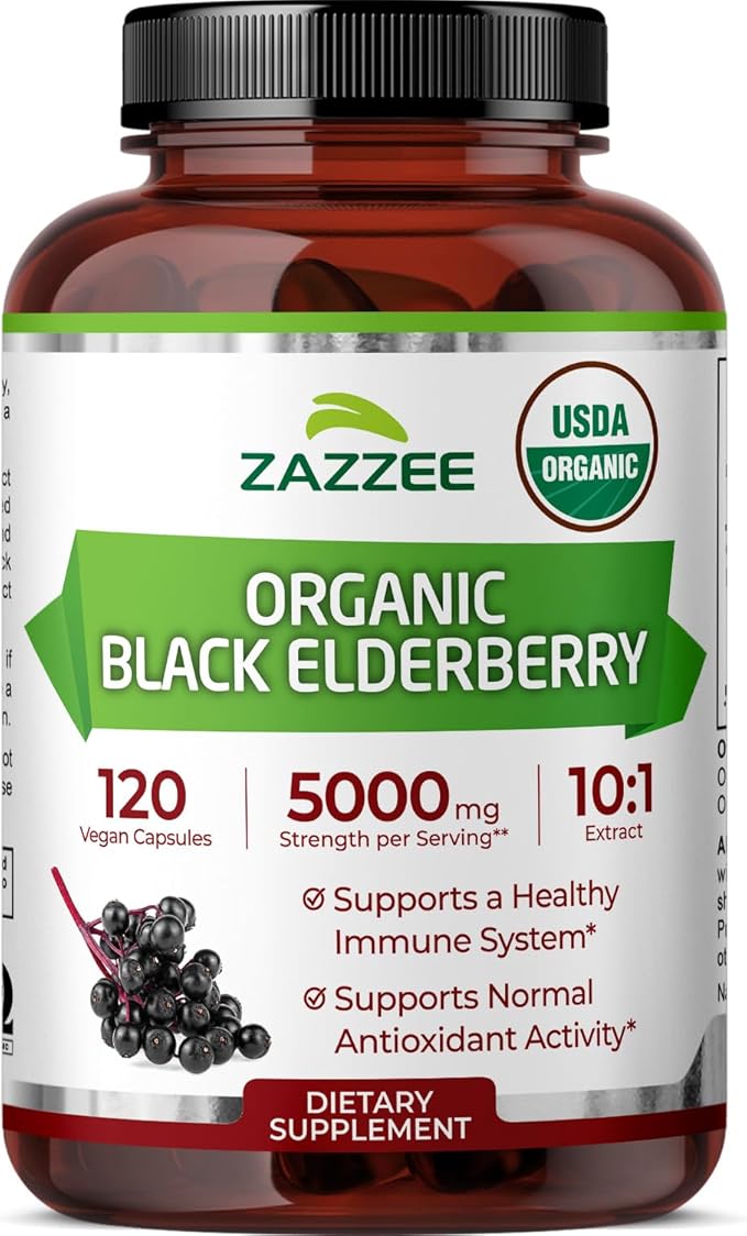 Zazzee USDA Organic Black Elderberry 10:1 Extract 120 Vegan Capsules 2 Month Supply Sambucus Nigra Antioxidant &amp Immune Support Concentrated 10X Extract All-Natural Non-GMO Made in the USA