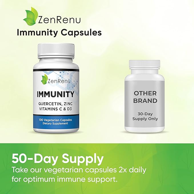 Zenrenu Immunity Quercetin 700 mg Zinc Vitamin C Vitamin D Immune Support Supplement with Curcumin - Easy to Absorb Immunity Supplement 100 Vegetarian Capsules 50 Day Supply