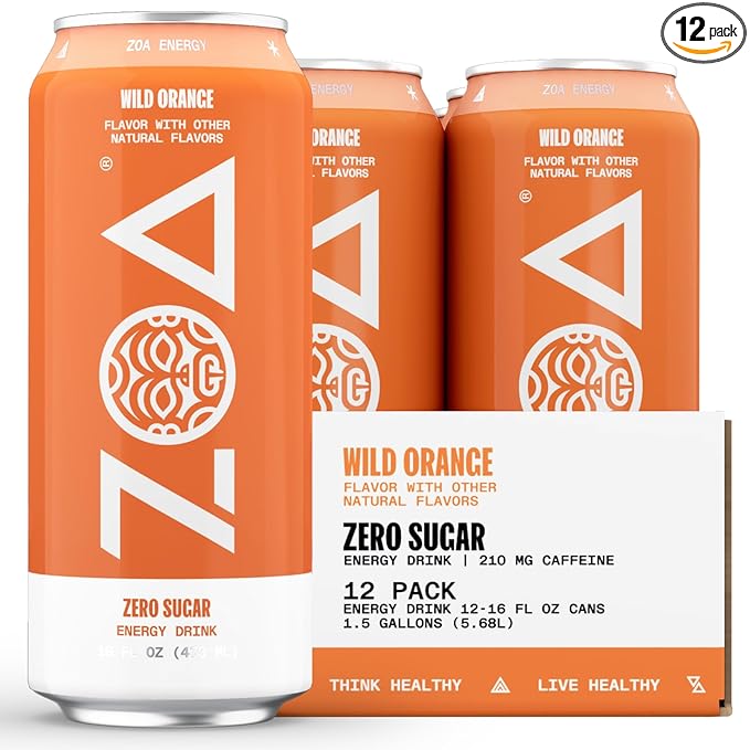 ZOA Zero Sugar Energy Drinks - Wild Orange | Healthy Energy Formula with Natural Caffeine Daily Vitamin C Essential B-Vitamins | Gluten-Free Keto Friendly | 16 Ounce Cans (Pack Of 12)