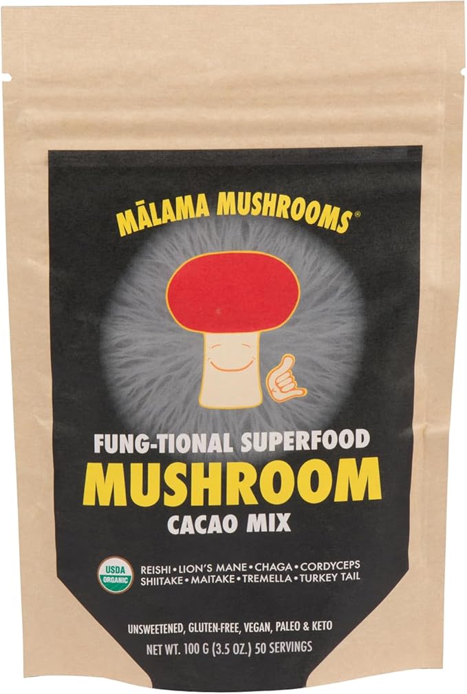 Malama 8-Mushroom Hot Cacao Mix Organic Chocolate Blend Mushroom Powder for Focus &amp Inmune Support – with Lion's Mane Reishi Chaga Turkey Tail – Vegan Supplement 3.5 oz (50 Servings)