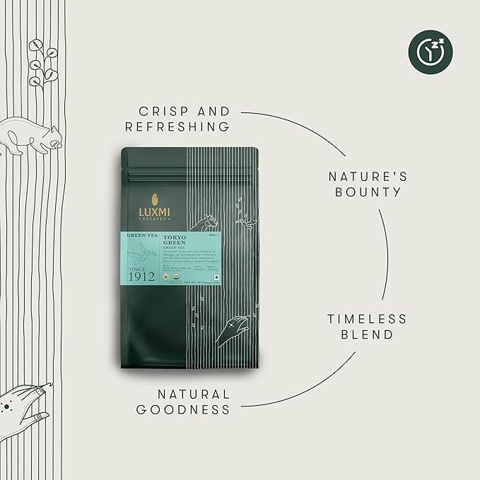 Luxmi Estates Tokyo Green Organic Green Tea (50 Tea Bags) Tea Bags For Relaxing Calming and Stress Relief With Certified Organic Darjeeling Makaibari Green Tea