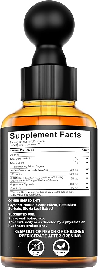 KEY ELEMENTS Liquid GABA with L Theanine Supplement | GABA 500mg and L-Theanine 200mg with Lemon Balm Extract and Magnesium with Vitamin B6