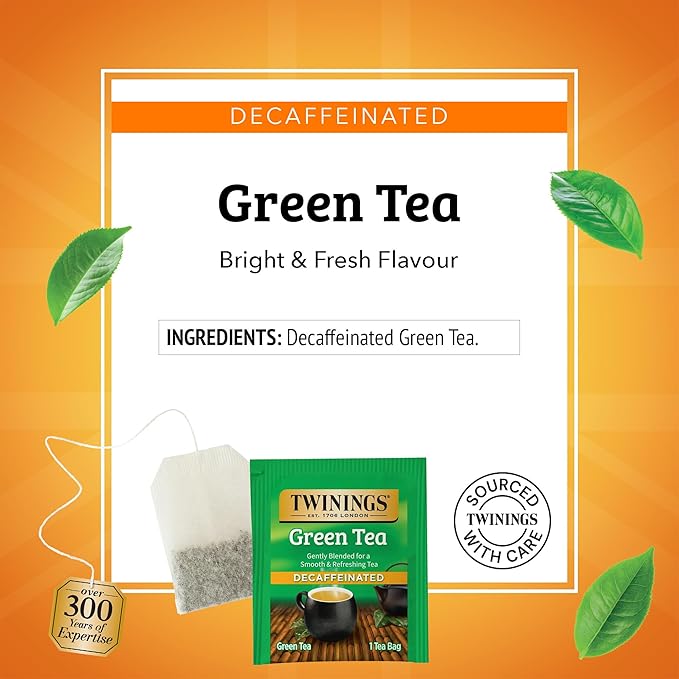 Twinings Decaffeinated Green Tea Individually Wrapped Bags 20 Count (Pack of 6) Smooth Flavour Enticing Aroma Enjoy Hot or Iced 120 Teabags