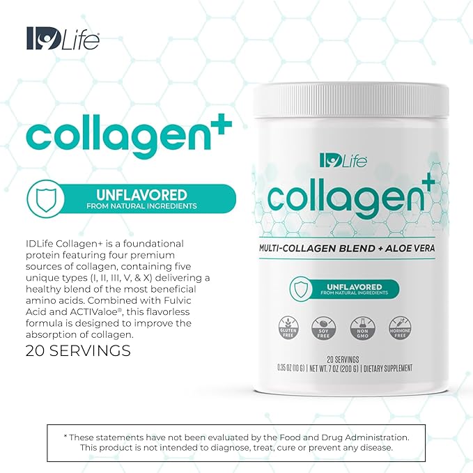 IDLife Collagen+ Powder Drink - Multi-Collagen Blend with Fulvic Acid &amp Aloe Vera - for Healthy Hair Skin Nails Joints &amp Gut - 20 Servings / 200g