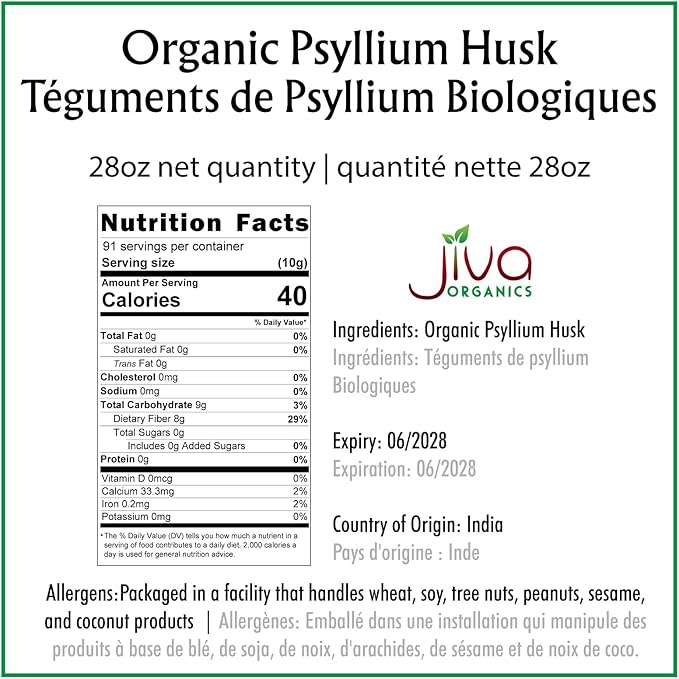 Jiva Organics Whole Psyllium Husk (Isabgol) 1.75 LB (28 Oz) Jumbo Bag - Non-GMO Unflavored - Keto Friendly Soluble Fiber