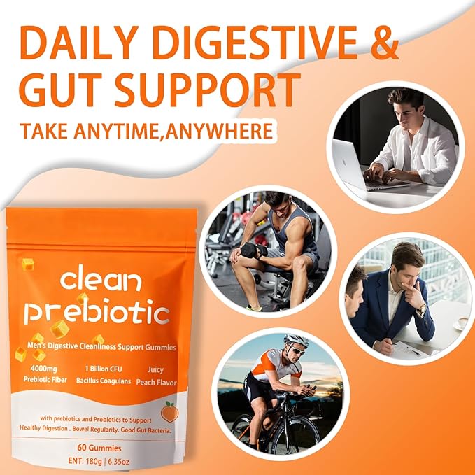 Clean Prebiotic Fiber Gummies for Men Peach FlavorPre+Probiotic Fiber GummiesMen's Digestive Cleaning Support GummyMen Prebiotic Supplement for Digestive Gut Health60 Gummy