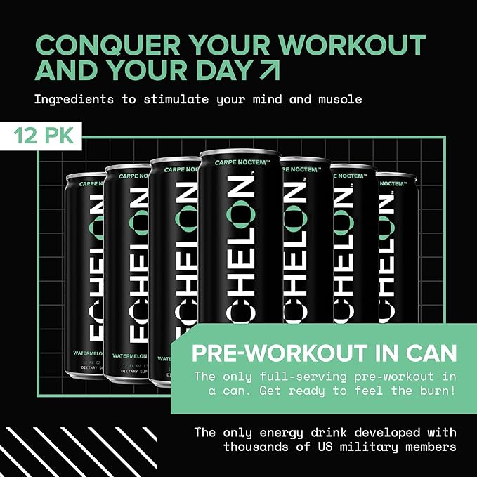 Echelon Pre-Workout Energy Drink | Watermelon Thai Chili | 12 Pack | Sustained Energy Focus and Endurance Dietary Supplement | 300mg of Caffeine | Beta-Alanine L-Theanine &amp Fiber | Vegan