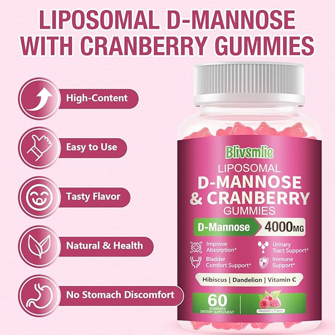 2 Pack Liposomal D-Mannose Gummies 4000mg Complex Cranberry 1500mg &amp HibiscusHigh-Potency Formula for Women Urinary Tract &amp Immune SupportLiver Bladder Flush Cleanse Wellness Supplement