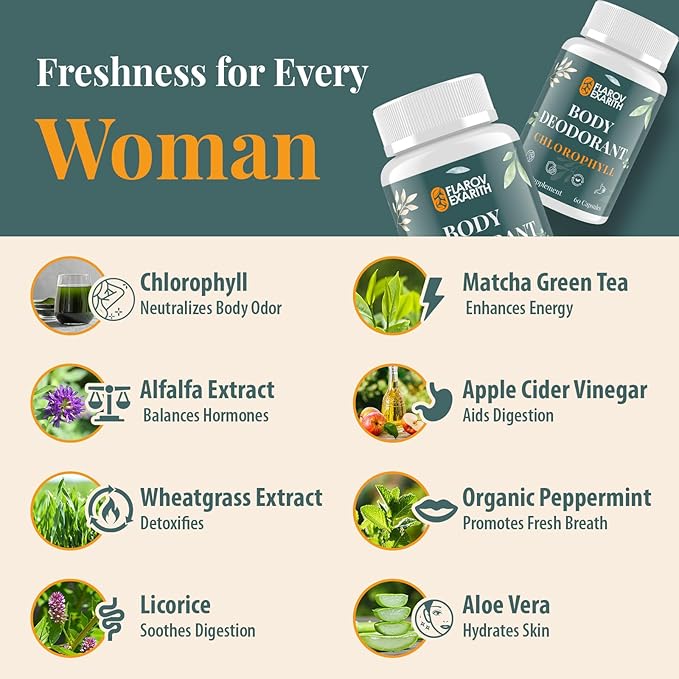 Women's Body Deodorizing Supplement – Chlorophyll Capsules for Body Odor Fresh Breath &amp Gut Detox for Social Confidence – Vegan with Matcha Green Tea Apple Cider Vinegar (60 Caps)