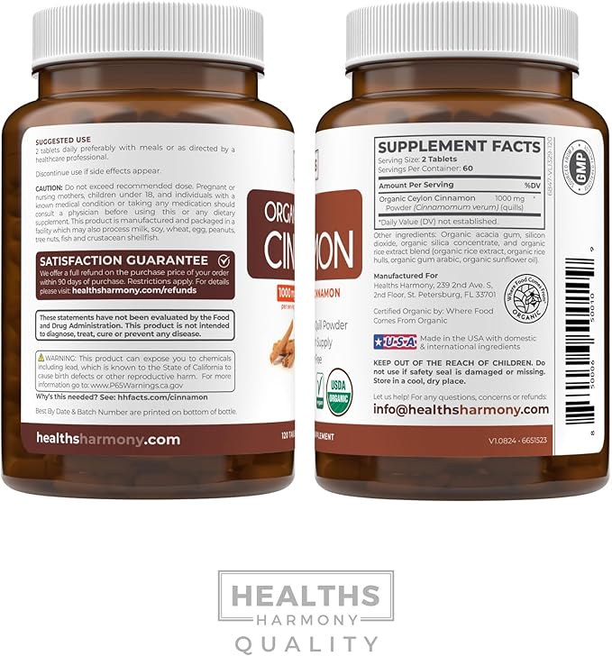 USDA Organic Ceylon Cinnamon Pills - High Potency Ceylon Cinnamon Supplement with 1000mg per Serving for Full Body Antioxidant Support - Vegan Non-GMO cGMP Made &amp Lab Verified (2 Months Supply)
