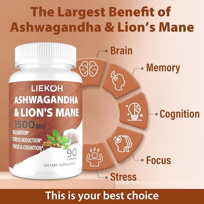 Ashwagandha &amp Lions Mane Supplement Capsules Brain Supplements for Memory and Focus Ashwagandha Supplement with Rhodiola &amp Black Peppe Cortisol Supplements for Women &amp Men90 Caps