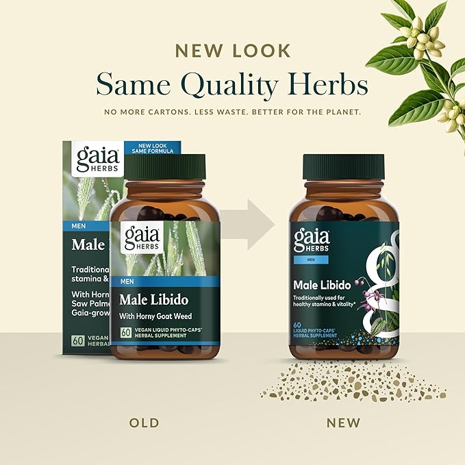 Gaia Herbs Male Libido - Herbal Supplement with Saw Palmetto Horny Goat Weed &amp Oats - Traditional Herbs to Support Vitality &amp Energy Levels for Men* - 60 Vegan Liquid Phyto-Capsules (60 Servi