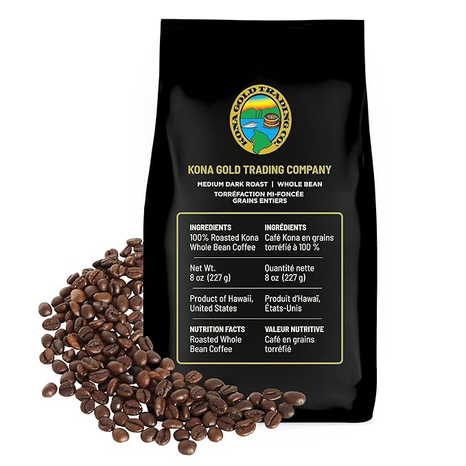 8oz 100% Kona Coffee Whole Beans by Kona Gold Rum Co. - Extra Fancy Freshly Roasted Medium/Dark Roast Peach Notes with Cream Tones - Kona Coffee Whole Bean