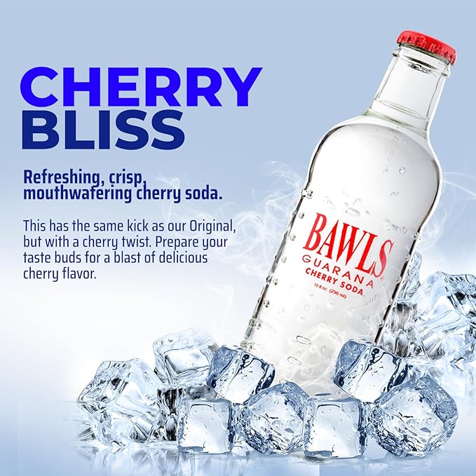 BAWLS Guarana Cherry BAWLS Guarana Drink Guarana Soda Guarana Fueled Soda for Energy High Energy Caffeinated Drink 10oz 12 Pack Glass Bottles