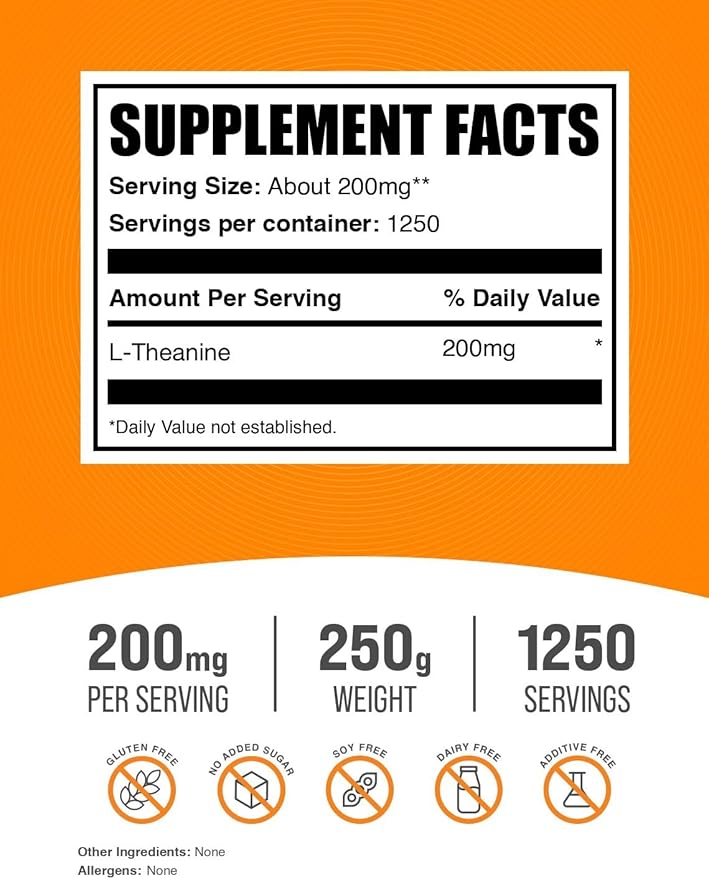 BulkSupplements.com L-Theanine Powder - L-Theanine Supplement L-Theanine 200mg - Amino Amino Supplement Pure &amp Gluten Free 200mg per Serving 250g (8.8 oz) (Pack of 1)