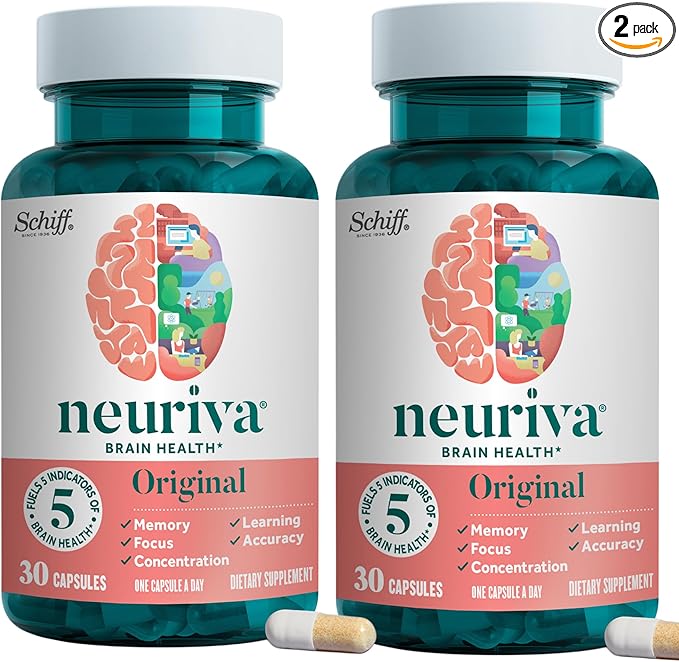 NEURIVA Original Brain Supplement for Memory Focus &amp Concentration + Learning &amp Accuracy with Clinically Tested Nootropics Phosphatidylserine and Neurofactor Caffeine Free 30 Capsules (2 Pa