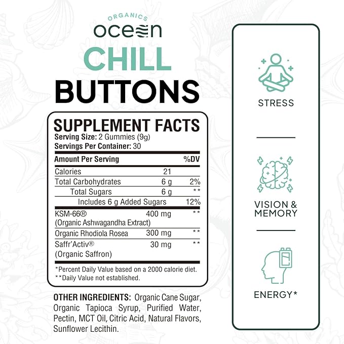 Organics Ocean Chill Buttons – Natural Ashwagandha Gummy Supplement with Organic KSM-66 Saffron &amp Rhodiola Rosea – Supports Relaxation Mood Focus &amp Energy - 1-Pack 60 Count