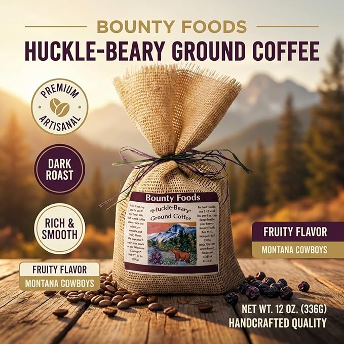 Bounty Foods Huckleberry Ground Coffee - 2/12 oz Rustic Western Style Burlap Bags Montana Grown and Hand Harvested Huckleberries - Coffee Beverages Espresso Latte Cappuccino Mocha