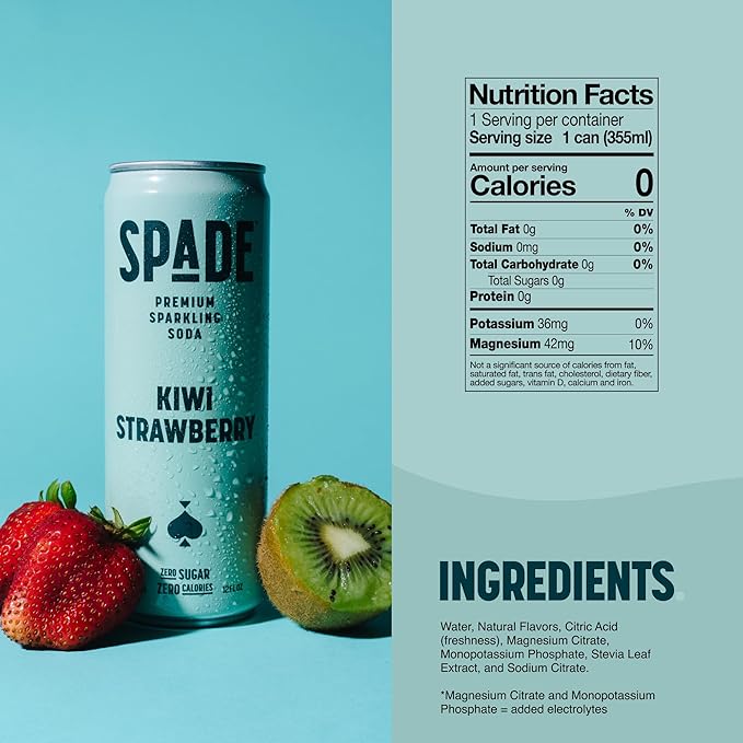 Spade Soda Kiwi Strawberry 12 Pack Premium All-Natural No Sugar No Calories Electrolytes Magnesium Potassium Healthy Non GMO Sweet Quality Stevia No Artificial Sweeteners Great Taste Bold T