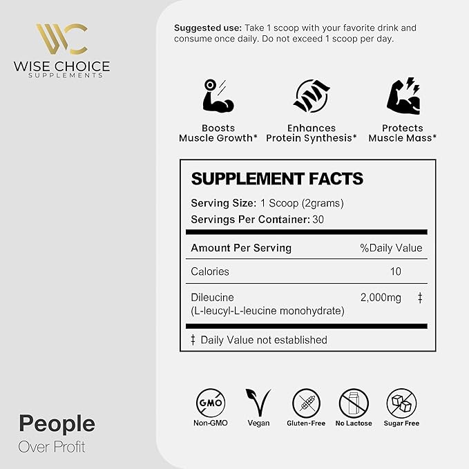 Wise Choice Dileucine Peptide Supplement Powder | 2000mg Leucine Peptide for Muscle Growth &amp Recovery | Supports Protein Synthesis | 30 Servings