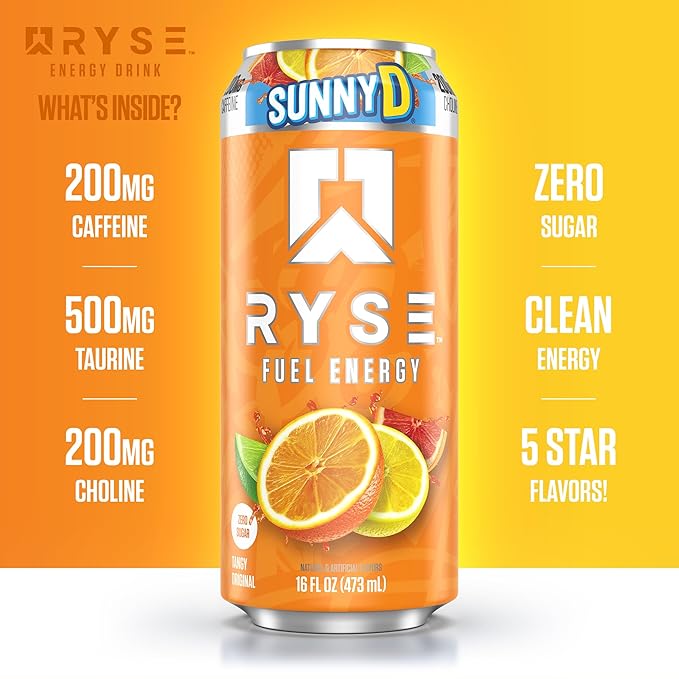 RYSE Fuel Energy Drink - SunnyD Tangy Original - Sugar Free Gluten Free &amp Vegan - 200mg Natural Caffeine Taurine &amp Choline for Focus &amp Energy - No Artificial Colors - 16 fl oz Cans (12-P