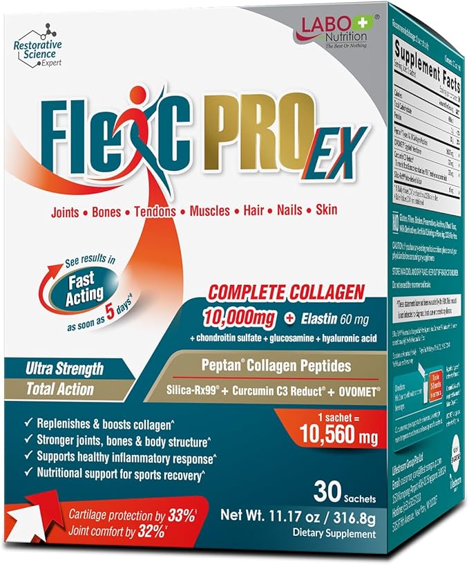 LABO Nutrition FlexC PRO EX Full Spectrum Collagen Type I III V &amp X Peptan Collagen Eggshell Membrane Water Soluble Silica &amp Curcumin C3 Reduct for Hair Skin Nails Joint Bones Mus