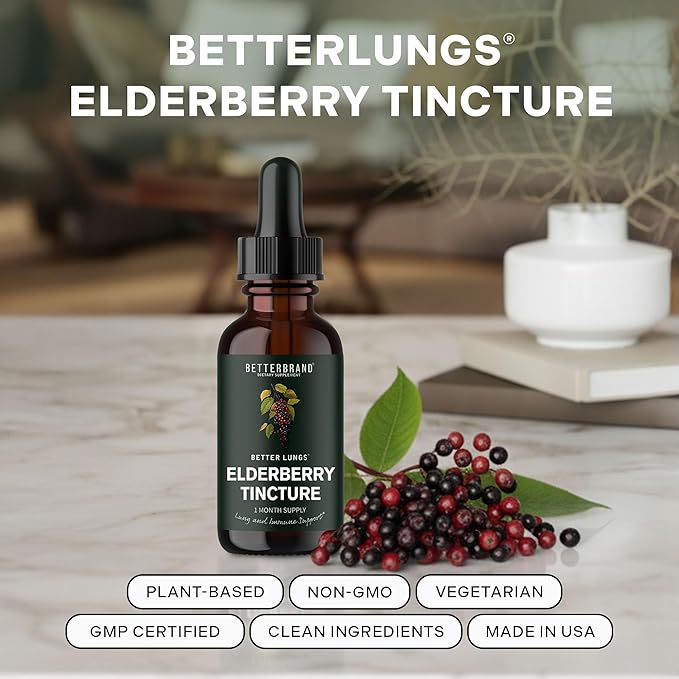 Betterbrand BetterLungs Elderberry Tincture Natural Immune Support Supplement - Sugar-Free Non-GMO Alcohol Free Vegetarian - 30 Day Supply