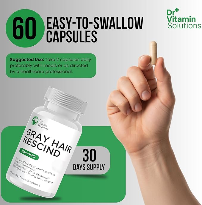 Gray Hair Rescind with Catalase - Antiaging Hair Skin and Nails Vitamins Pantothenic Acid Folic Acid 400mcg Biotin 300mcg Saw Palmetto for Men and Women