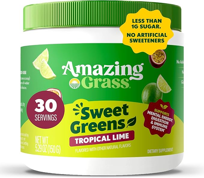 Amazing Grass Sweet Greens and Superfoods Powder for Digestive Health Greens Powder Digestive Enzymes Probiotics Spirulina Chlorella Tropical Lime 30 Servings