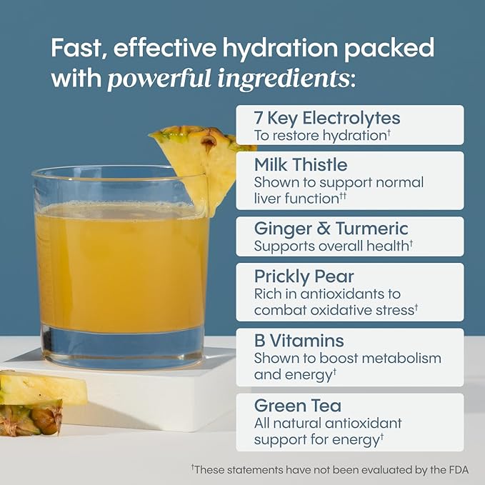 Hydralyte Liver Support + Electrolyte Mix with Milk Thistle Turmeric Ginger Prickly Pear Green Tea Extract Formulated for Rapid Rehydration (Pineapple Mango Ginger 20 Packets)