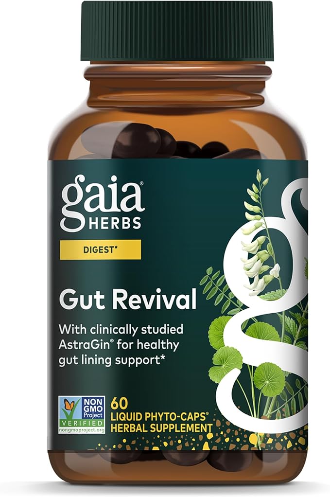 Gaia Herbs Gut Revival - Herbal Supplement to Support Healthy Gut Lining* - Made with AstraGin Gotu Kola Jujube &amp More - Free from Dairy Soy &amp Gluten - 60 Vegan Liquid Phyto-Caps (60 Servin