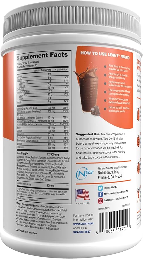 Lean1 Neuro Chocolate Mental Energy Drink 15 Serving tub by Nutrition53