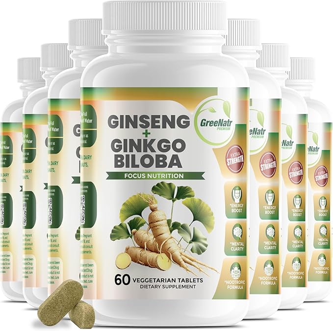 GreeNatr Ginko Biloba &amp Panax Ginseng Supplement - Red Ginseng Brain Supplement for Memory and Focus - Ginkgo Biloba Supplements for Good Vision Immune System and Improved Blood Flow - 12 Bottles