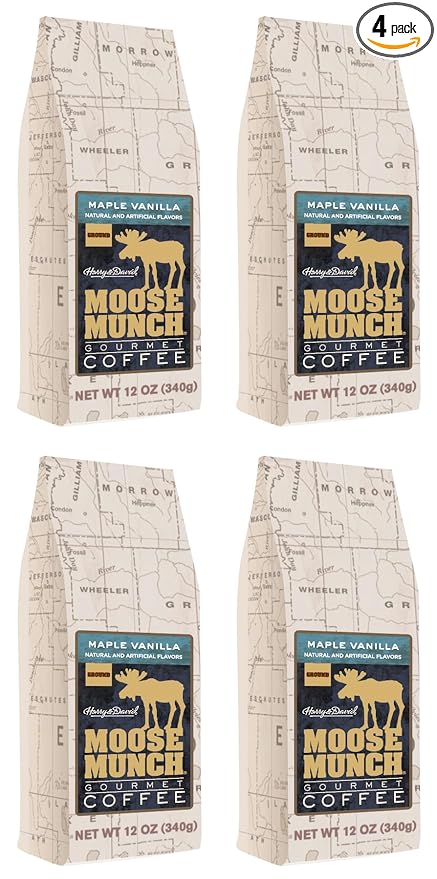 Moose Munch Maple Vanilla Ground Coffee – 4 Pack 12 oz Bags – Smooth Maple Sweetness with Vanilla Flavored Medium Roast Coffee