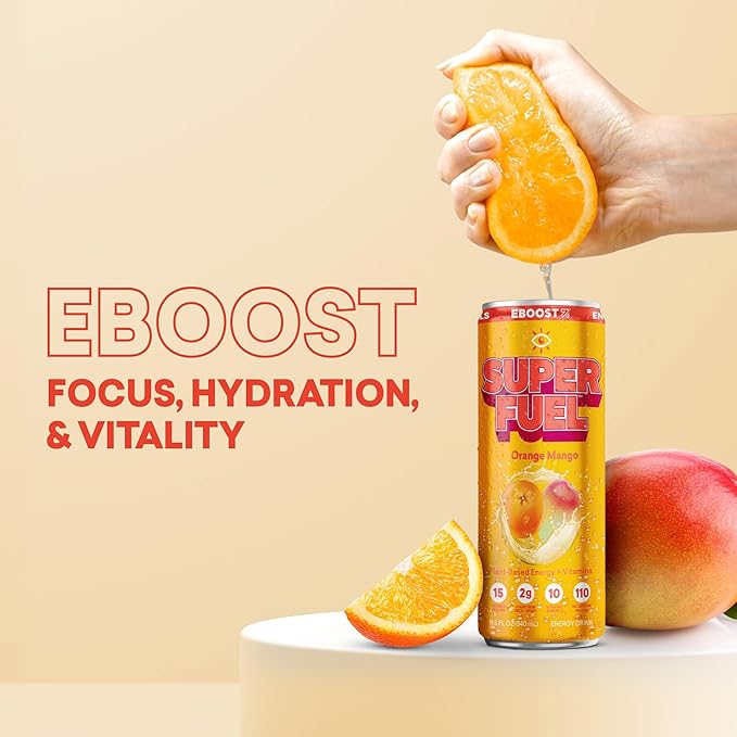 EBOOST SUPER FUEL Healthy Energy Drink - Orange Mango: 12 Healthy Energy Drinks - Focus &amp Productivity - 110 mg Caffeine + Nootropics &amp Electrolytes - No Sucralose Taurine Artificial Flavor