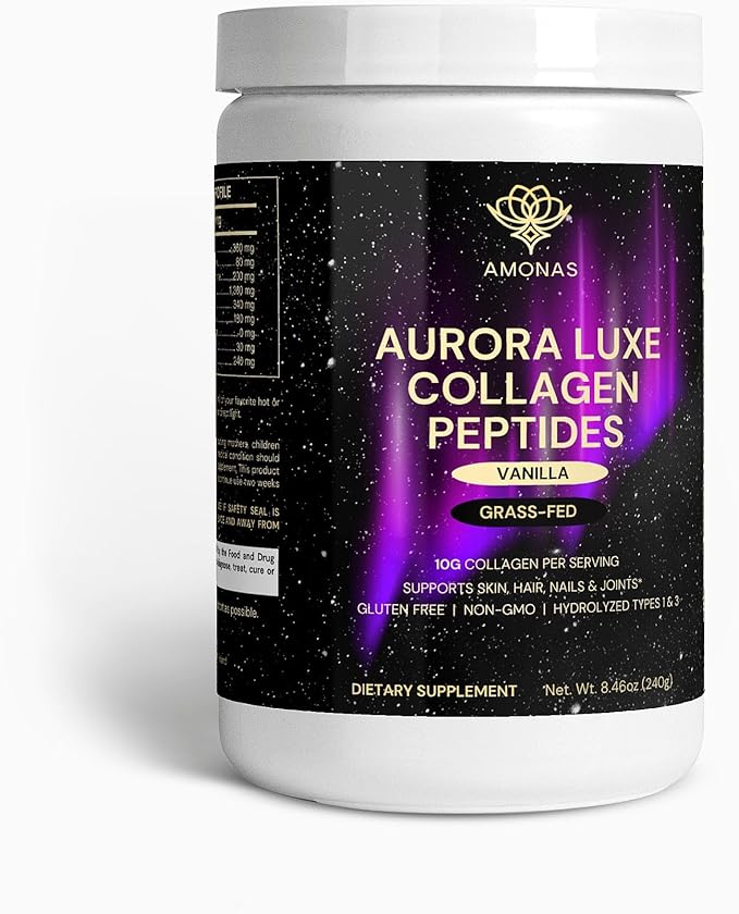 Aurora Luxe Collagen Peptides Powder - Vanilla - All Natural Premium Grass-Fed Bovine Collagen Powder - Types I &amp III Collagen Stevia Sweetened Non-GMO (10g per Serving)