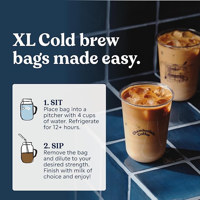 Chamberlain Coffee Organic Vanilla Cold Brew Large Coffee Bags Medium Roast - Premeasured Ready to Brew - Makes 4 Cups/Bag - Perfect for Iced Coffee Convenient &amp Easy Brewing Experience - 8.5 oz