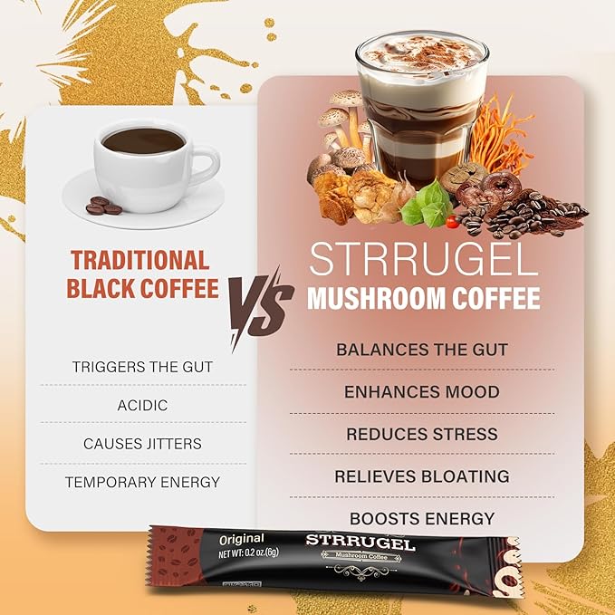 Organic Mushroom Coffee with Lion’s Mane &amp Reishi - 9 Functional Mushrooms + Ashwagandha for Focus Energy &amp Stress Relief - Low Caffeine Instant Coffee Sticks 32 Servings