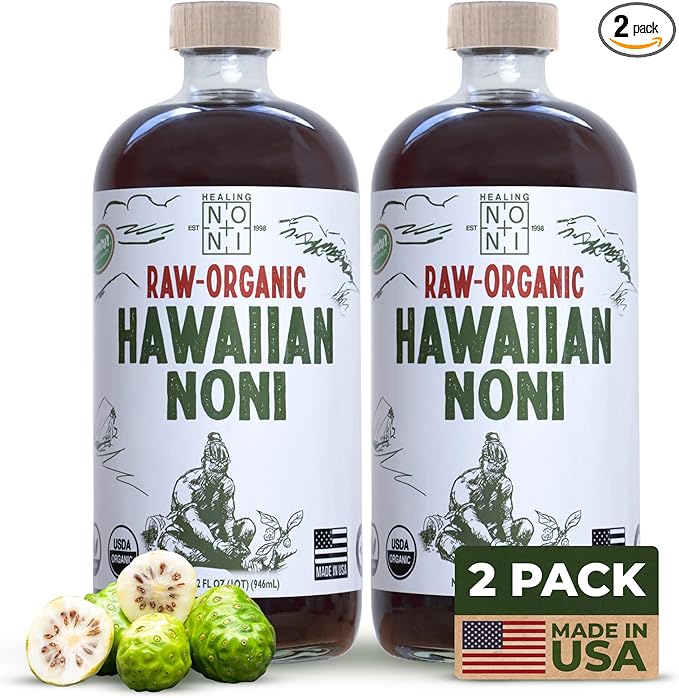 Healing Noni - 100% Pure RAW Noni Juice - USDA Organic Premium Strength Cold Pressed Hawaiian-Grown Superfood - (32oz 2 Pack)