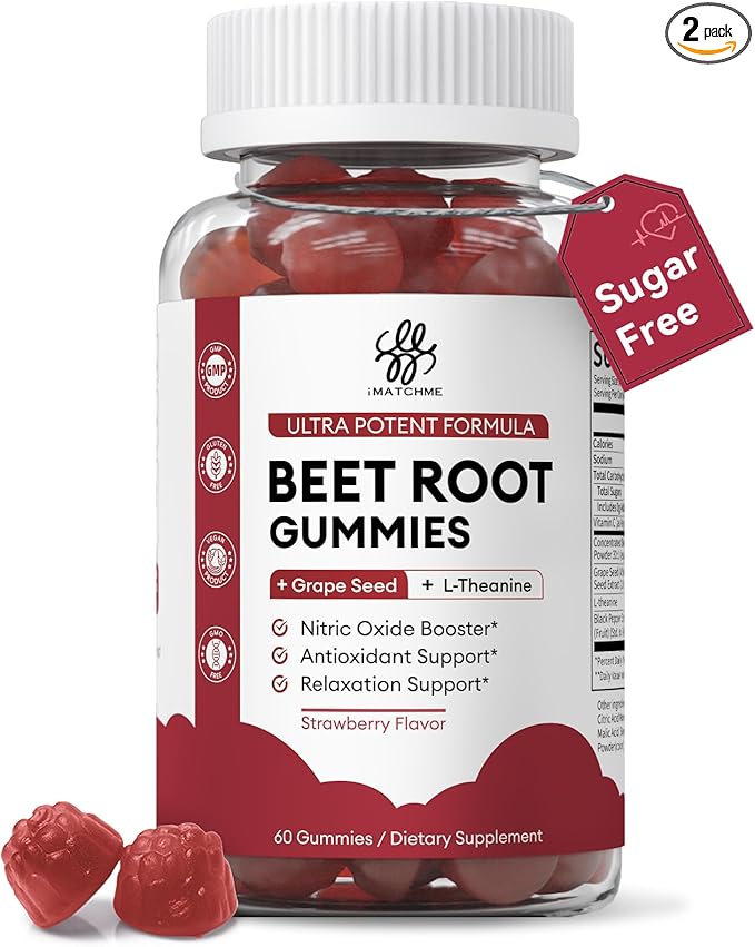 2 Pack Beet Root Gummies – Blood Pressure Support &amp Mood Support Super Nitric Oxide Beets Supplement with Grape Seed L-Theanine &amp Vitamin C Sugar-Free Vegan 30:1 Beet Root Extract 120 Che