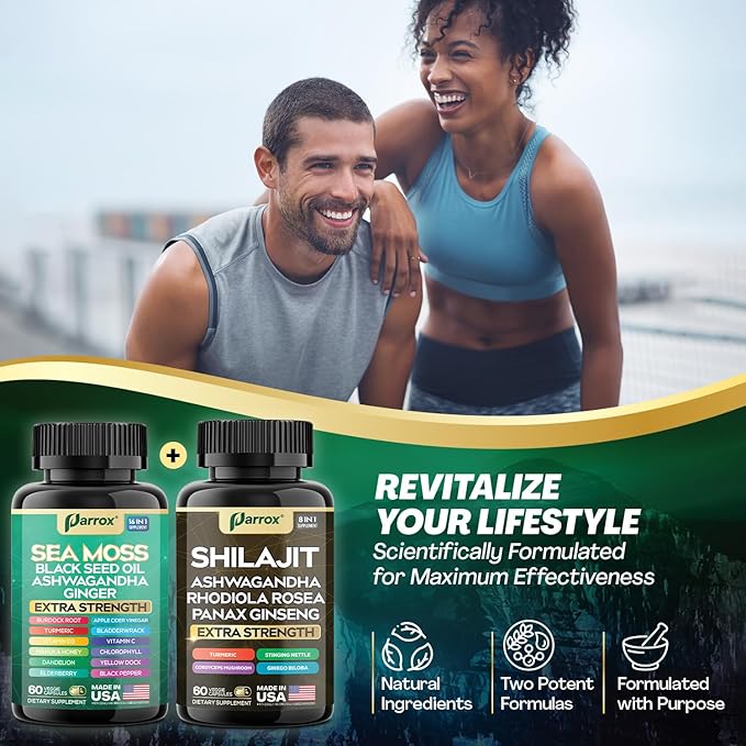 Shilajit and Sea Moss Bundle Sea Moss 350mg Black Seed Oil 200mg Ashwagandha 100mg Turmeric Shilajit 300mg Rhodiola Rosea 100mg Panax Ginseng 50mg Dynamic Vitality Bundle (2 Pack)
