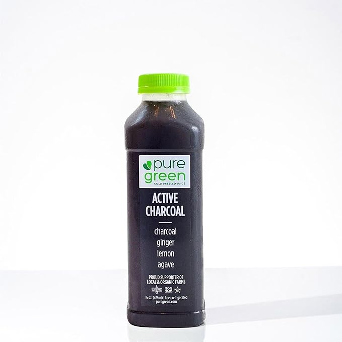 Pure Green Cold Pressed Juice - Active Charcoal - Fresh Functional Blend with Charcoal Ginger Lemon Agave - Natural Gluten Free Non-GMO No Artificial Colors or Flavors - Made from Real Fruits &a