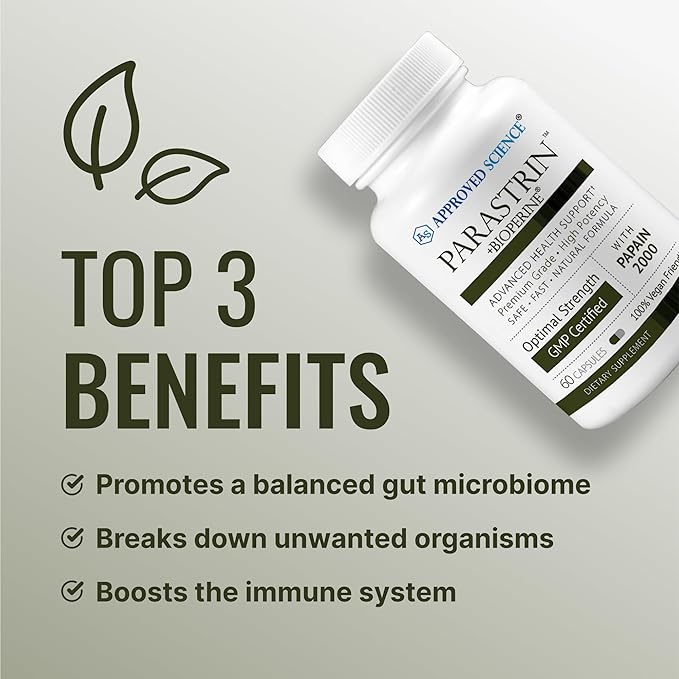 Approved Science Parastrin - 120 Capsules - Cleanse and Improve Gut Health - Black Walnut Garlic Bulb Papain 2000 BioPerine - Vegan