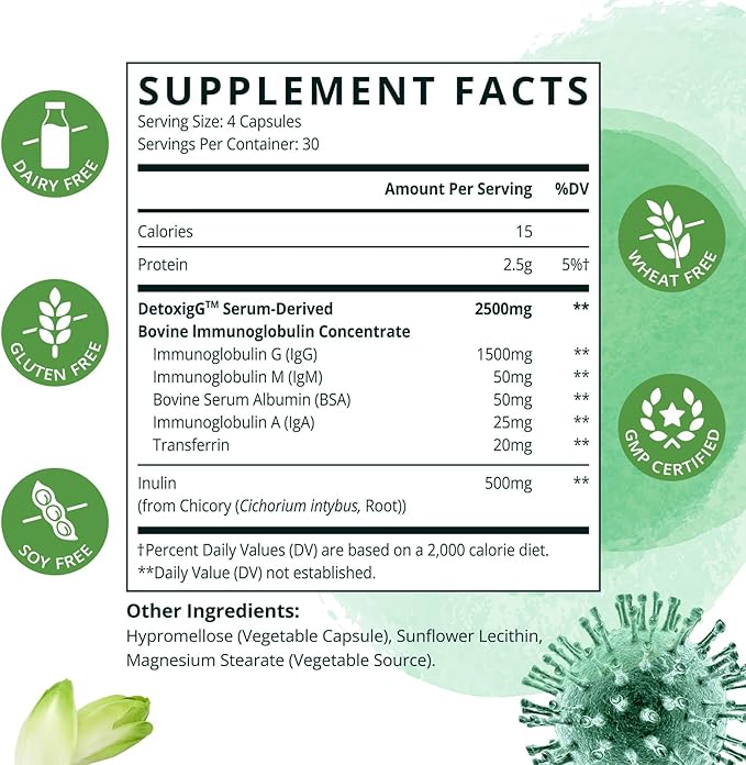 IgG Immunoglobulin Supplement - IgG IgM IGA &amp Inulin - Bovine Colostrum Supplement Alternative - Dairy-Free Bovine Immunoglobulin Capsules (120 Capsules)