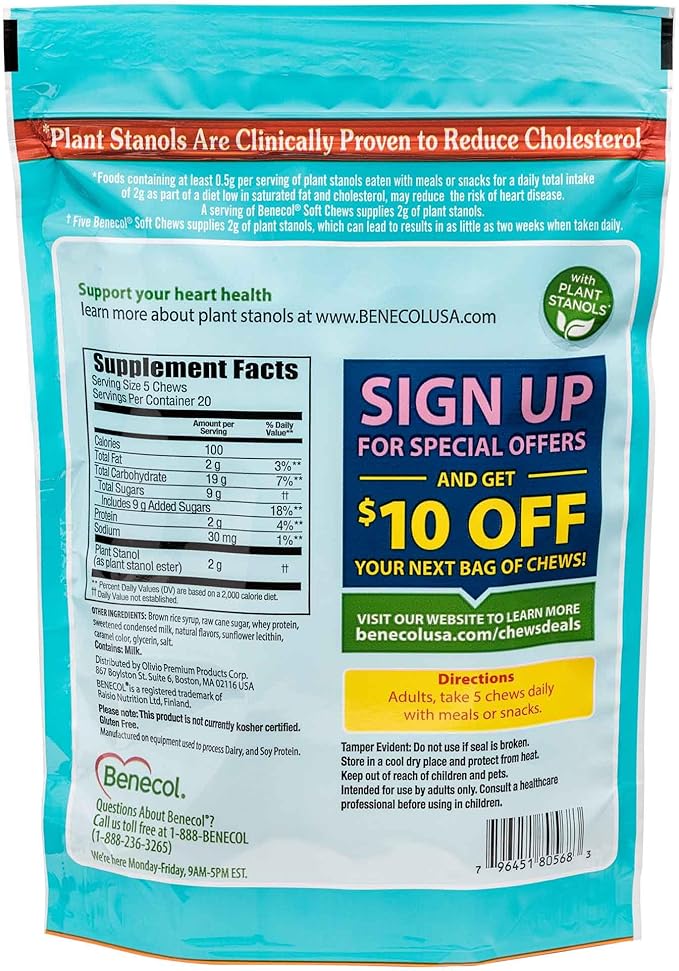 Benecol® Soft Chews – New Easy Bite Chew – with Plant Stanols Clinically Proven to Help Lower Cholesterol – Caramel Flavor – 100 Count Pouch